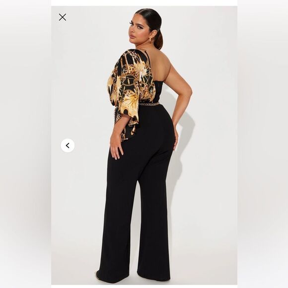 NWT - Fashion Nova Vivian One-Shoulder Jumpsuit - Black/combo - Size 2 - Picture 7 of 8